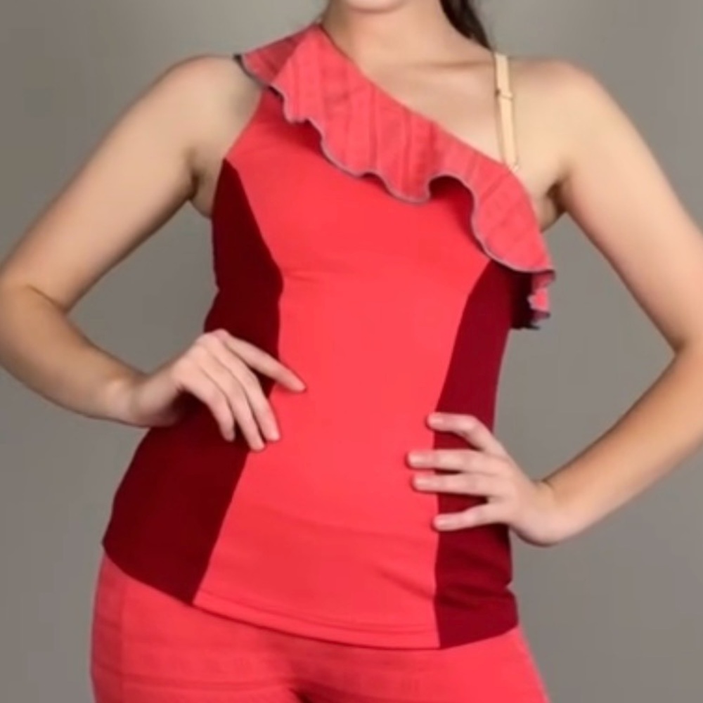 Women’s One-Shoulder Ruffle Tank Top in Coral and Burgundy